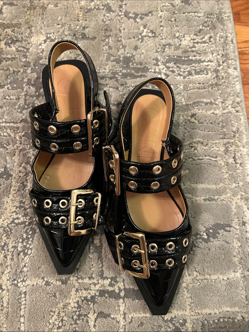 Ganni Black Patent Pointed Slingback Flats with Gold Buckles